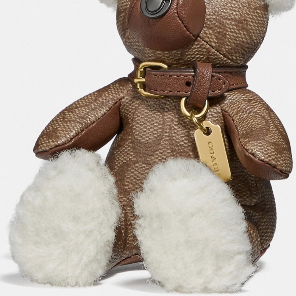 Coach Bear Bag Charm In Signature Canvas Keychain Shearling Khaki Gold white NWT - Picture 3 of 6